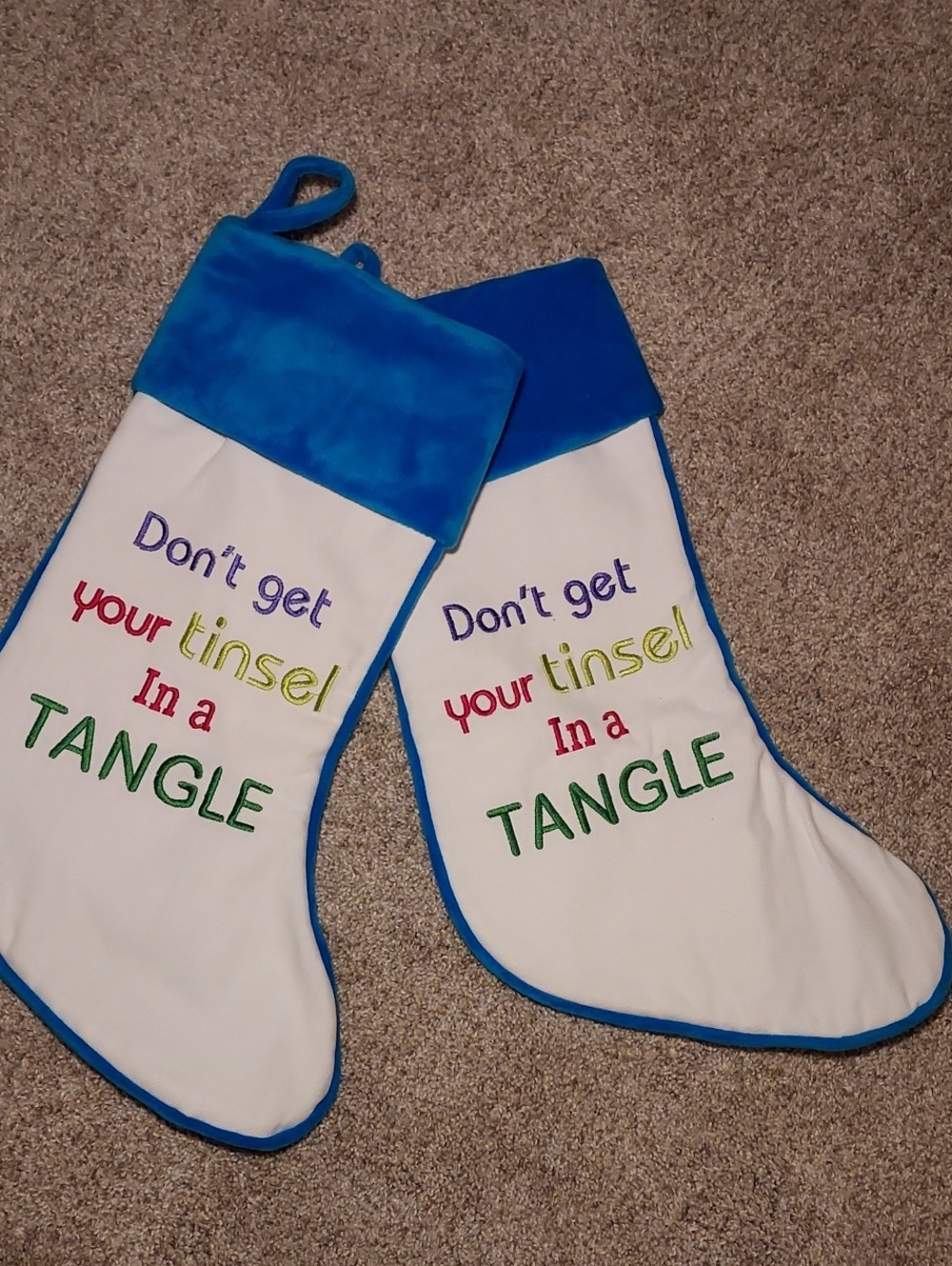 Blue & White Holiday Stocking Pair - "Don't Get Your Tinsel in a Tangle"